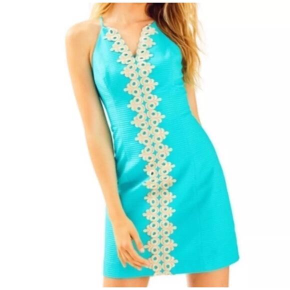 Lilly Pulitzer Dresses & Skirts - Lilly Pulitzer Pearl Shift Dress Size 00 Seaside Aqua &‎ Gold Metallic Preppy